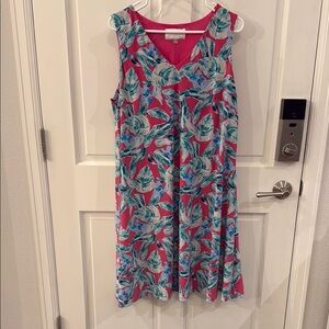 Papagallo EUC 1x Vibrant Pink and Blue Leaf Print Dress